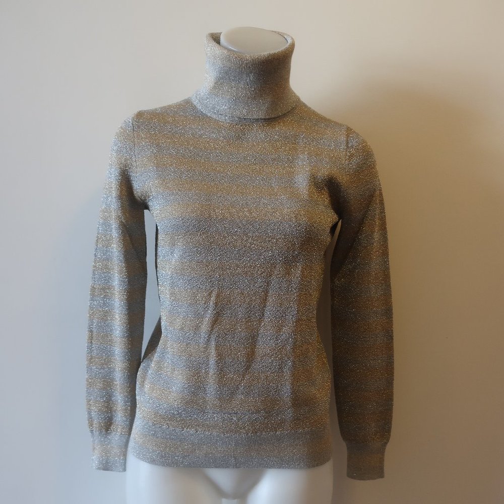 J. Crew Silver & Gold Metallic Striped Turtleneck Sweater Sz XS*